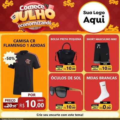 Modelo de Rede Social para Feed Facebook com o tema Comece Julho Economizando para Roupas e acessórios