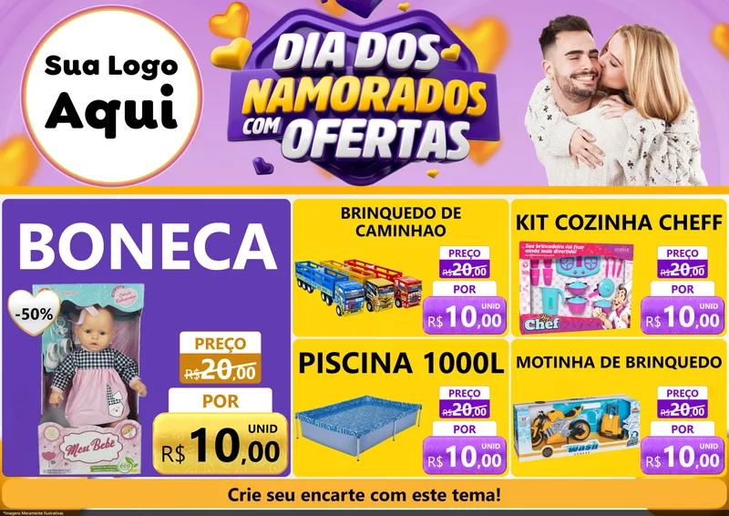 Modelo de Encarte para Encarte A4 Horizontal com o tema Dia Dos Namorados Com Ofertas para Brinquedos