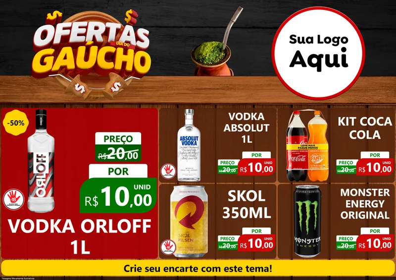 Modelo de Encarte para Encarte A4 Horizontal com o tema Ofertas Dia do Gaúcho para Distribuidora de bebidas