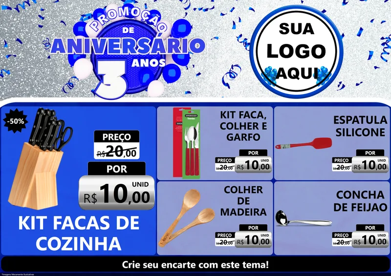 Modelo de Encarte para Encarte A4 Horizontal com o tema Promoção de Aniversário - 3 Anos para Utilidades Domésticas