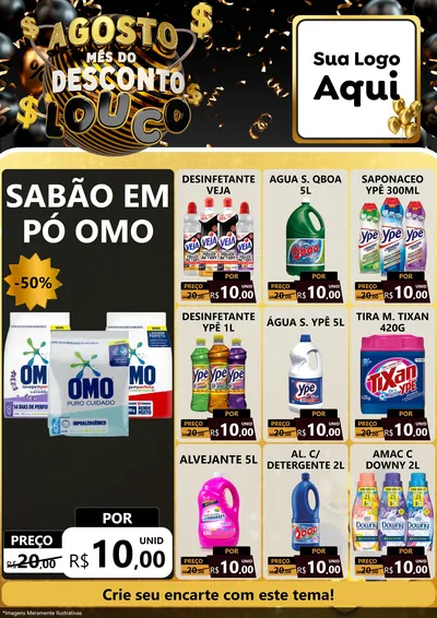 Modelo de Encarte para Encarte A4 Vertical com o tema Agosto Mês do Desconto Louco para Produtos de Limpeza