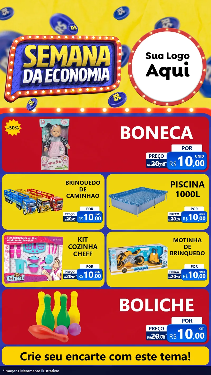Modelo de TV para TV Vertical com o tema Semana da Economia para Brinquedos
