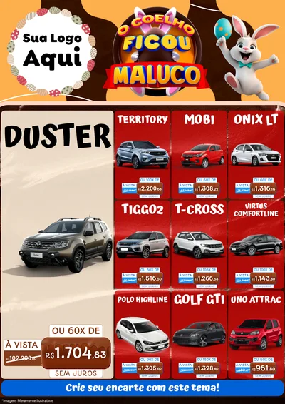 Modelo de Encarte para Encarte A4 Vertical com o tema O Coelho Ficou Maluco - Páscoa para Concessionaria de Carros