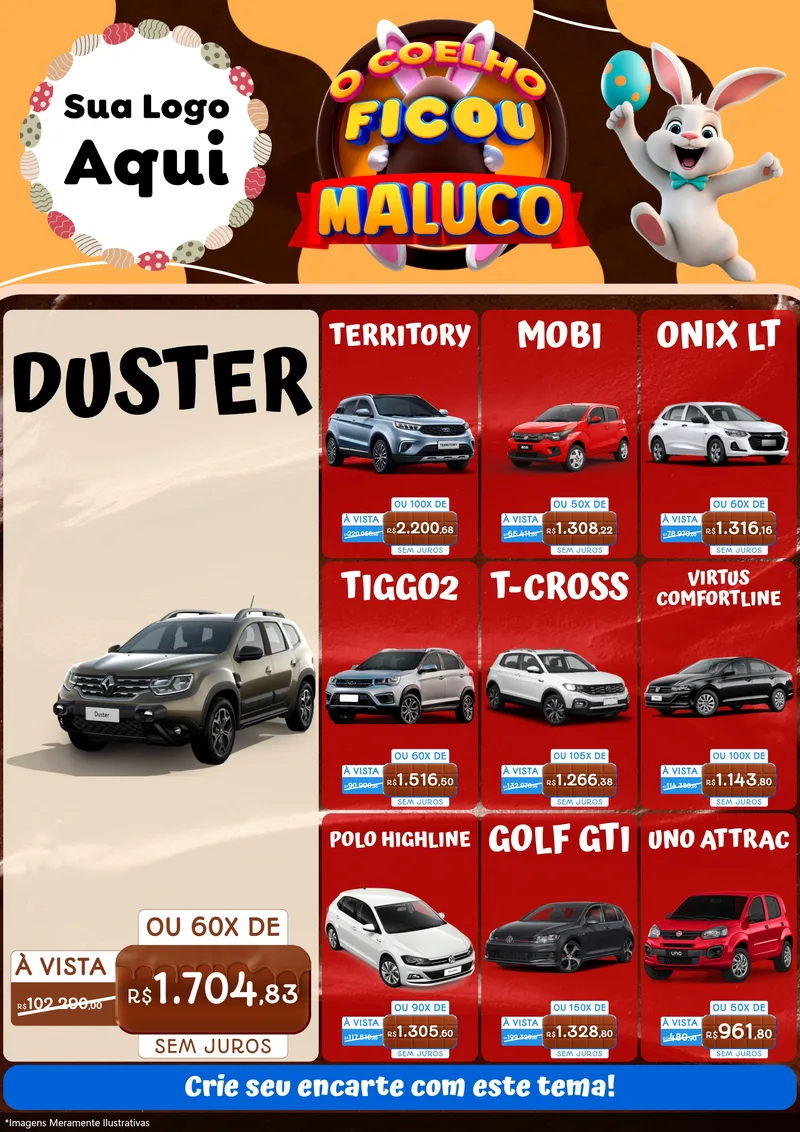 Modelo de Encarte para Encarte A4 Vertical com o tema O Coelho Ficou Maluco - Páscoa para Concessionaria de Carros