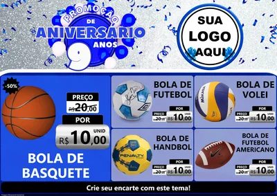 Modelo de Encarte para Encarte A4 Horizontal com o tema Promoção de Aniversário - 9 Anos para Artigos Esportivos