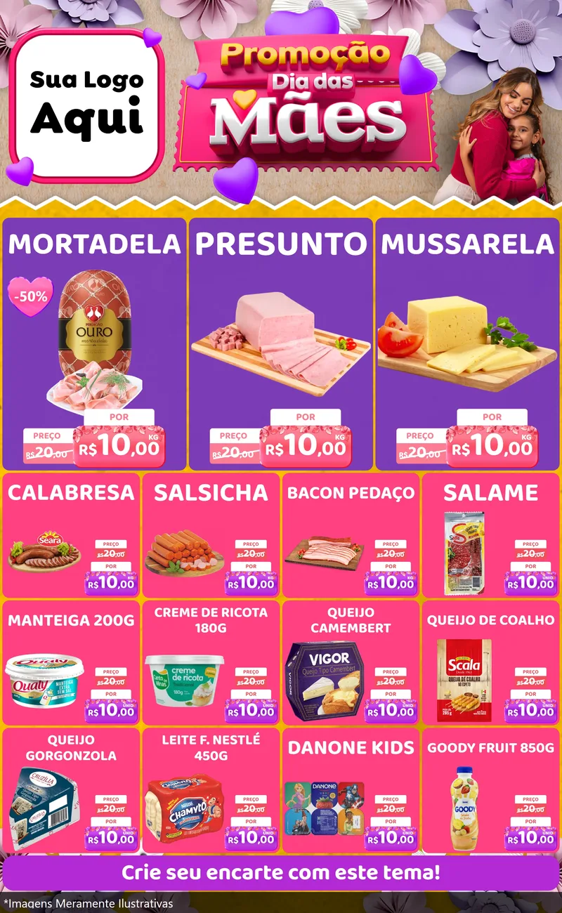 Modelo de Encarte para Encarte Grande com o tema Promoção Dia das Mães para Frios e Laticínios