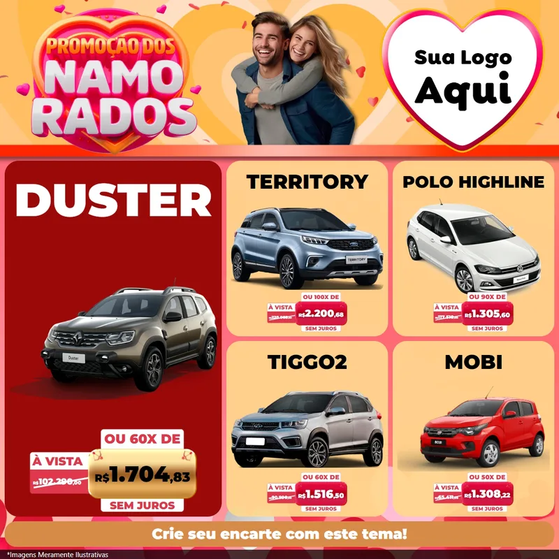 Modelo de Rede Social para Feed Facebook com o tema Promoção dos Namorados para Concessionaria de Carros