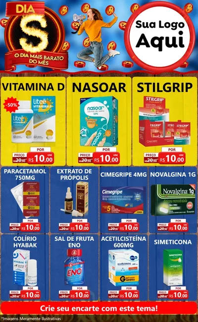 Modelo de Encarte para Encarte Grande com o tema Dia S - O Dia Mais Barato Do Mês para Farmácia