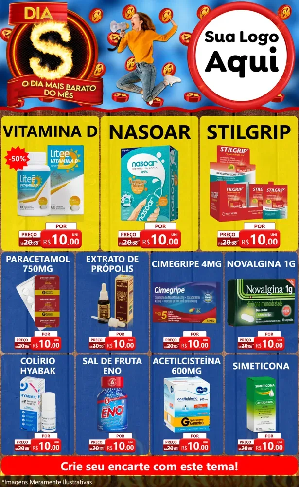 Modelo de Encarte para Encarte Grande com o tema Dia S - O Dia Mais Barato Do Mês para Farmácia