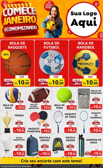 Modelo de Encarte para Encarte Grande com o tema Comece Janeiro Economizando para Artigos Esportivos