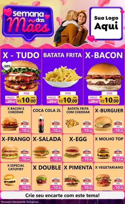 Modelo de Encarte para Encarte Grande com o tema Semana das Mães para Hamburgueria