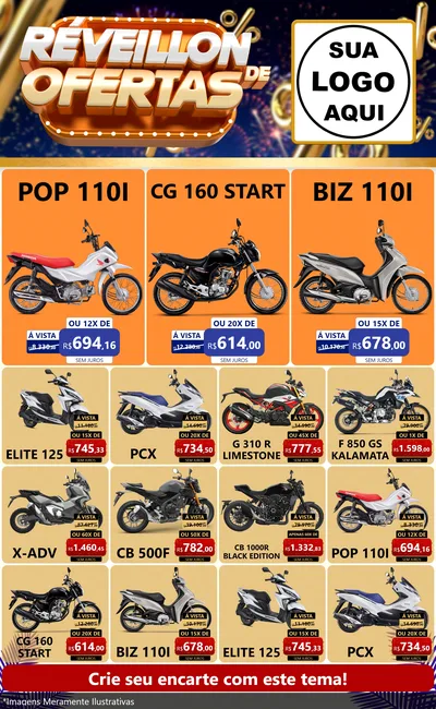 Modelo de Encarte para Encarte Grande com o tema Réveillon de Ofertas para Concessionaria de Motos