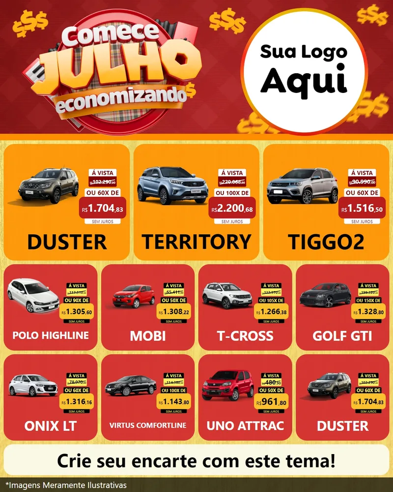 Modelo de Rede Social para Feed Instagram com o tema Comece Julho Economizando para Concessionaria de Carros