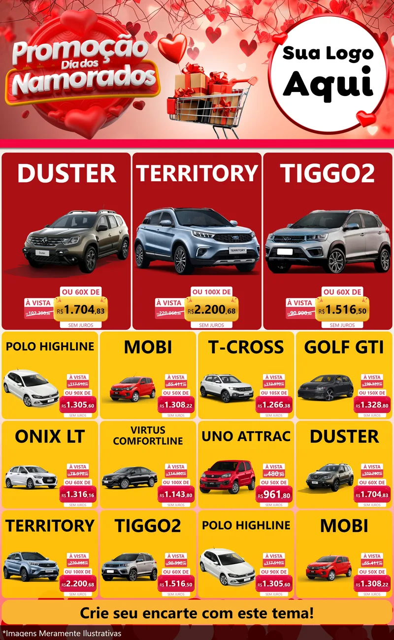 Modelo de Encarte para Encarte Grande com o tema Promoção Dia dos Namorados para Concessionaria de Carros