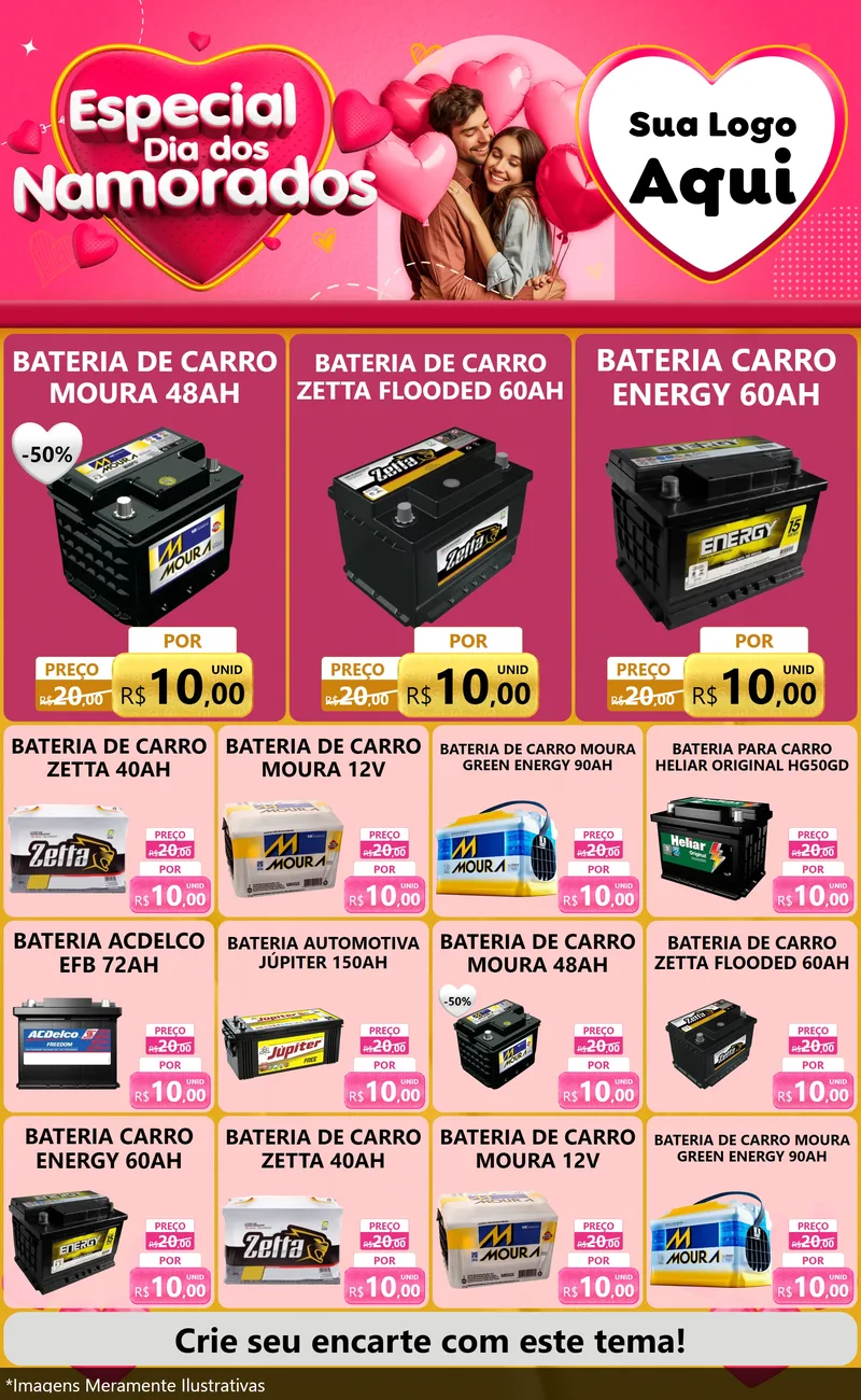 Modelo de Encarte para Encarte Grande com o tema Especial Dia dos Namorados para Baterias Elétricas