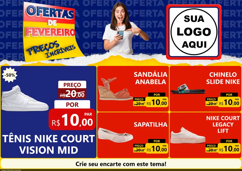 Modelo de Encarte para Encarte A4 Horizontal com o tema Ofertas de Fevereiro - Preços Incríveis para Calçados