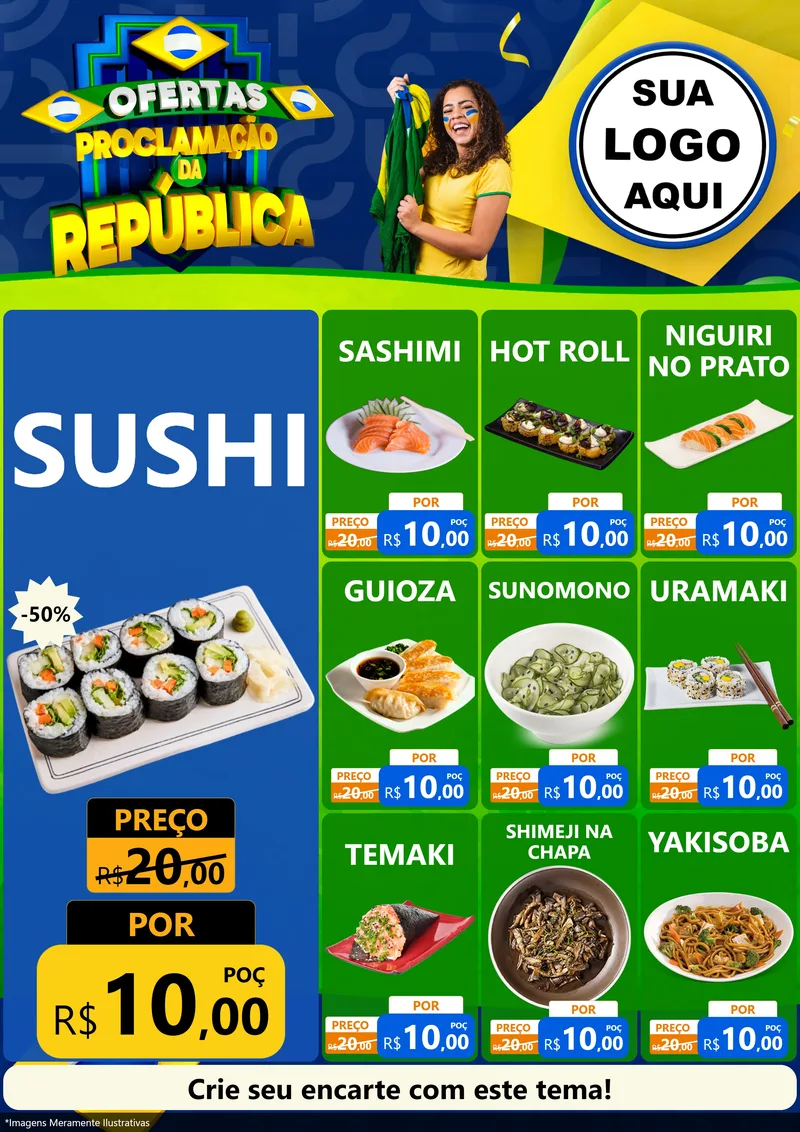 Modelo de Encarte para Encarte A4 Vertical com o tema Ofertas Proclamação da República para Comida japonesa