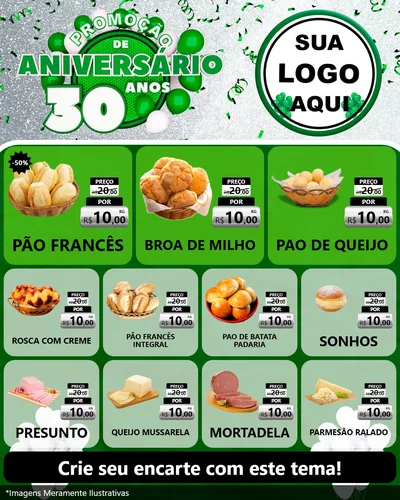 Modelo de Rede Social para Feed Instagram com o tema Promoção de Aniversário - 30 Anos para Padaria