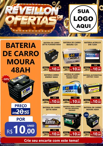 Modelo de Encarte para Encarte A4 Vertical com o tema Réveillon de Ofertas para Baterias Elétricas