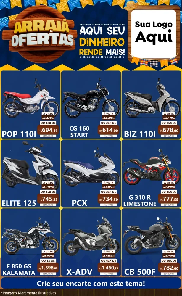 Modelo de Encarte para Encarte Grande com o tema Arraiá de Ofertas - Junina para Concessionaria de Motos