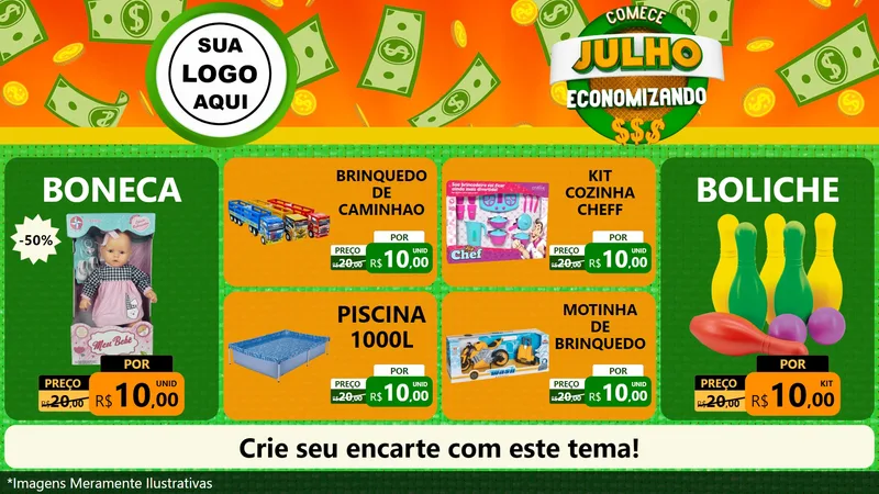 Modelo de TV para TV Horizontal com o tema Comece Julho Economizando para Brinquedos