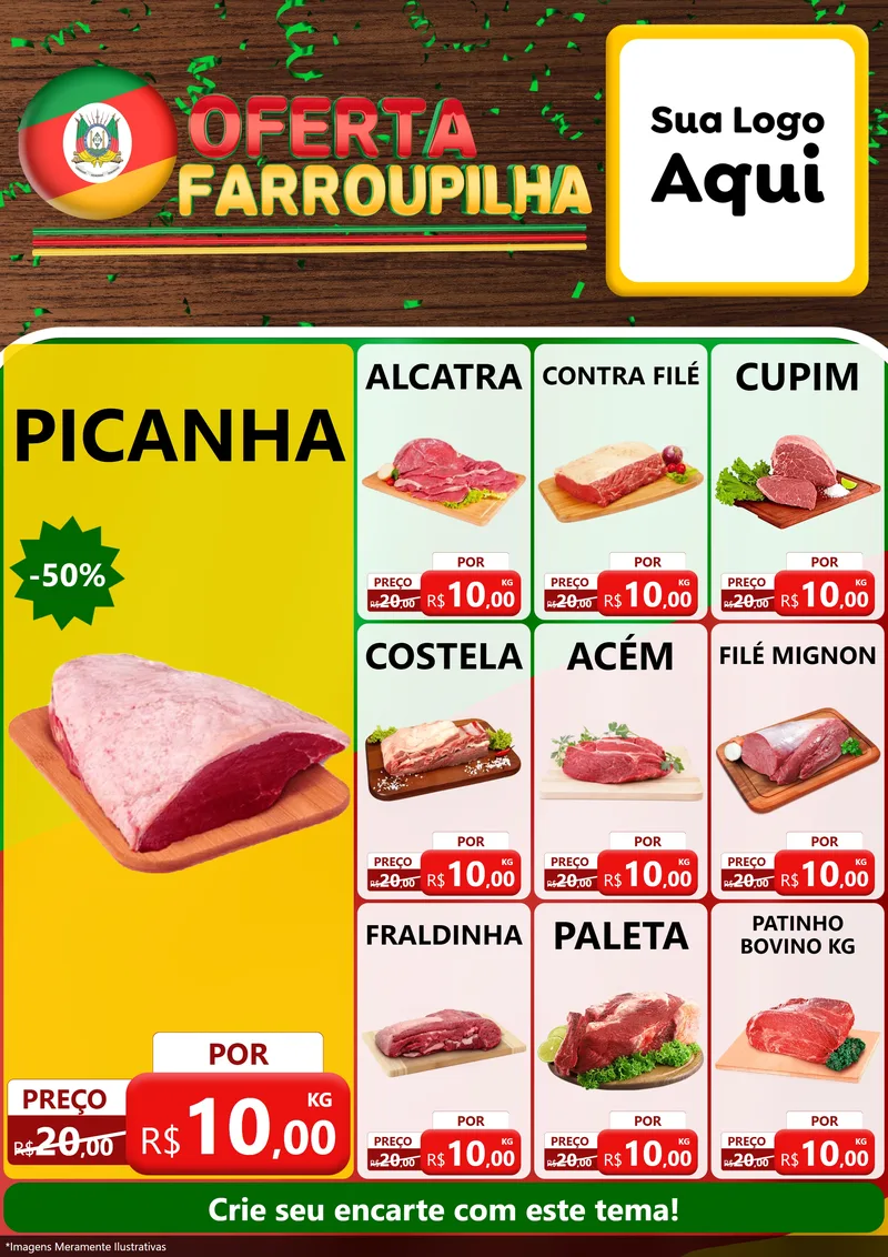 Modelo de Encarte para Encarte A4 Vertical com o tema Oferta Farroupilha para Açougue