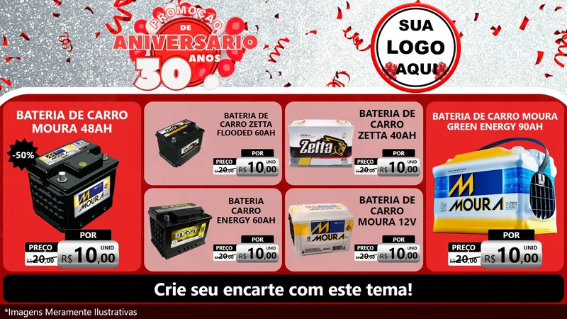 Modelo de TV para TV Horizontal com o tema Promoção de Aniversário - 30 Anos para Baterias Elétricas