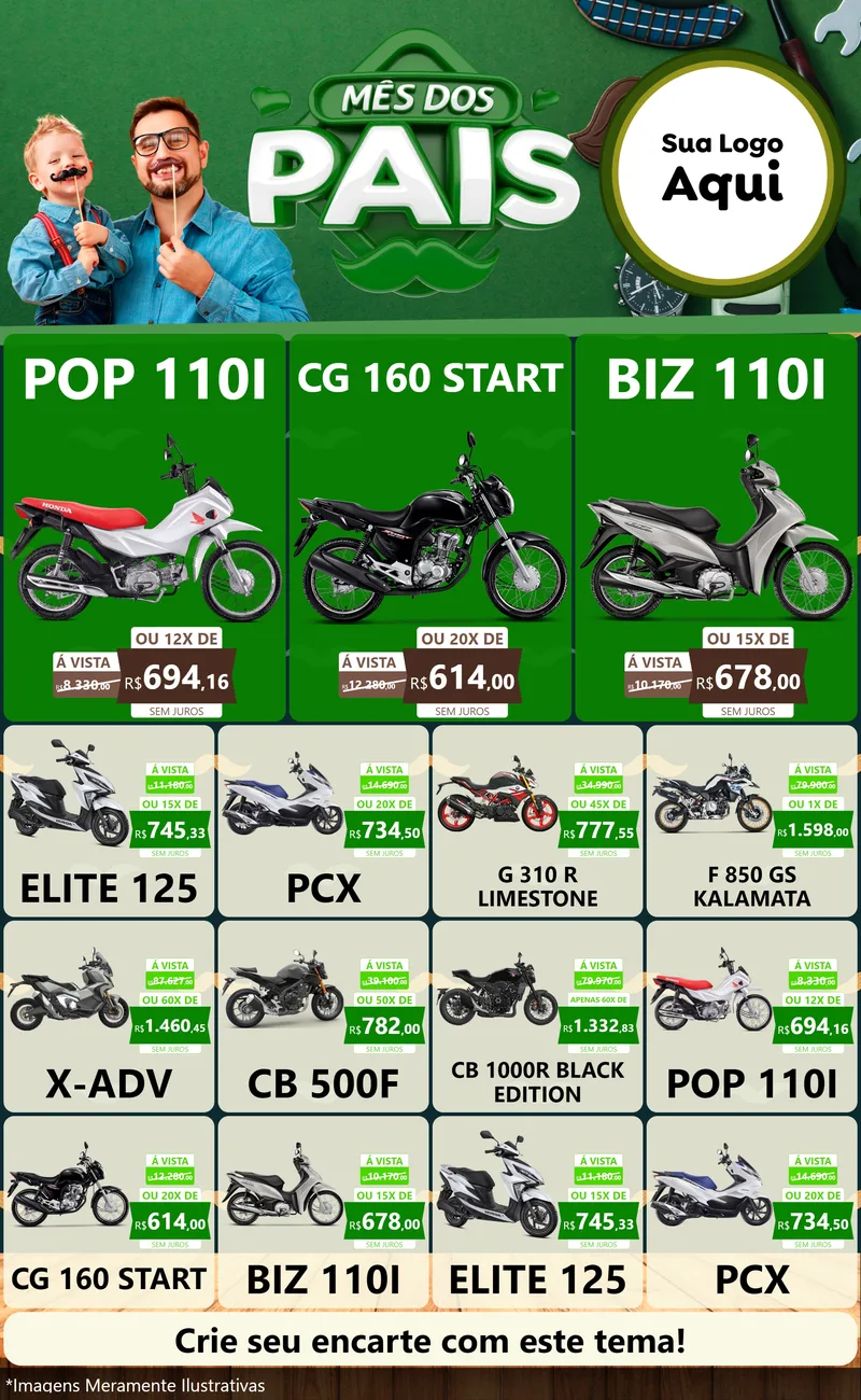 Modelo de Encarte para Encarte Grande com o tema Mês dos Pais para Concessionaria de Motos