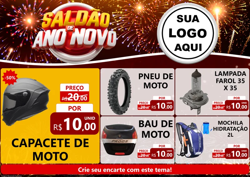 Modelo de Encarte para Encarte A4 Horizontal com o tema Saldão de Ano Novo para Moto peças