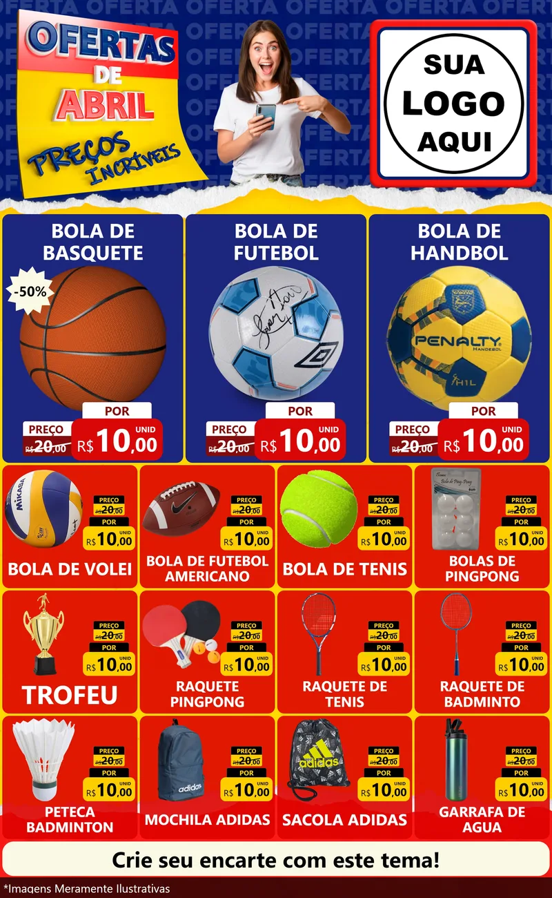 Modelo de Encarte para Encarte Grande com o tema Ofertas de Abril - Preços Incríveis para Artigos Esportivos