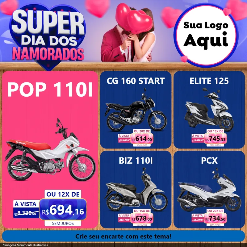 Modelo de Rede Social para Feed Facebook com o tema Super Dia dos Namorados para Concessionaria de Motos
