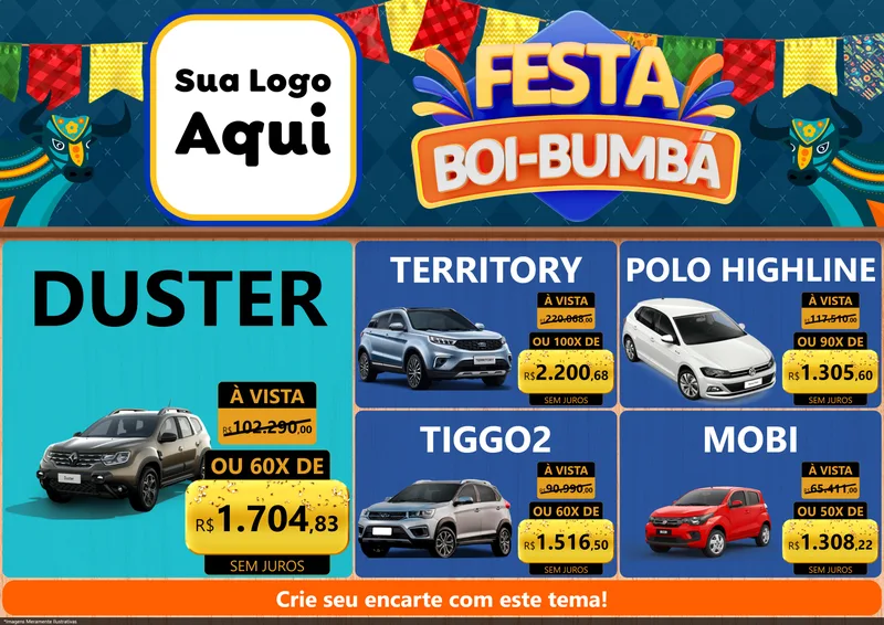 Modelo de Encarte para Encarte A4 Horizontal com o tema Festa Boi Bumbá para Concessionaria de Carros