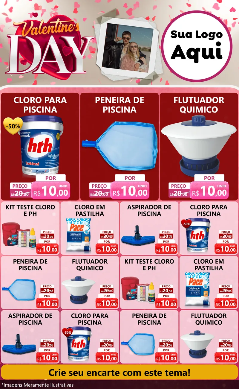 Modelo de Encarte para Encarte Grande com o tema Valentine's Day para Produtos para Piscina