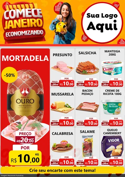 Modelo de Encarte para Encarte A4 Vertical com o tema Comece Janeiro Economizando para Frios e Laticínios