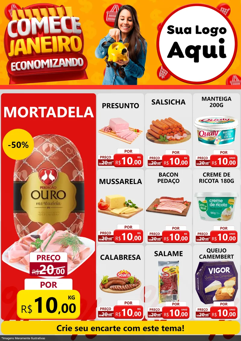 Modelo de Encarte para Encarte A4 Vertical com o tema Comece Janeiro Economizando para Frios e Laticínios