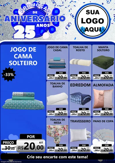 Modelo de Encarte para Encarte A4 Vertical com o tema Promoção de Aniversário - 25 Anos para Cama, Mesa e Banho