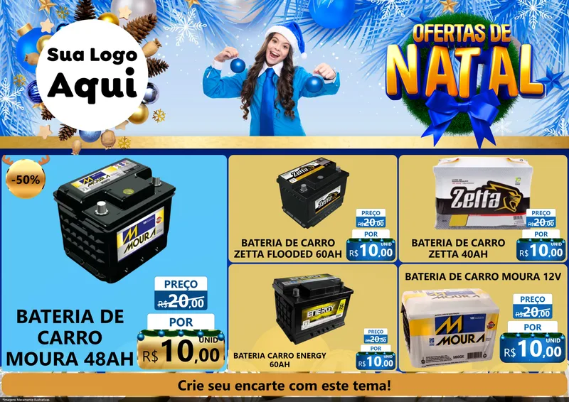Modelo de Encarte para Encarte A4 Horizontal com o tema Ofertas de Natal para Baterias Elétricas