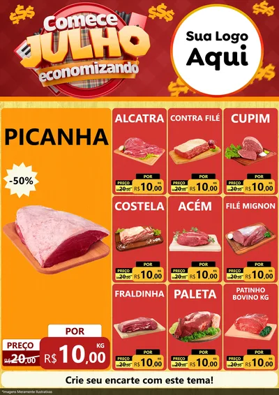 Modelo de Encarte para Encarte A4 Vertical com o tema Comece Julho Economizando para Açougue