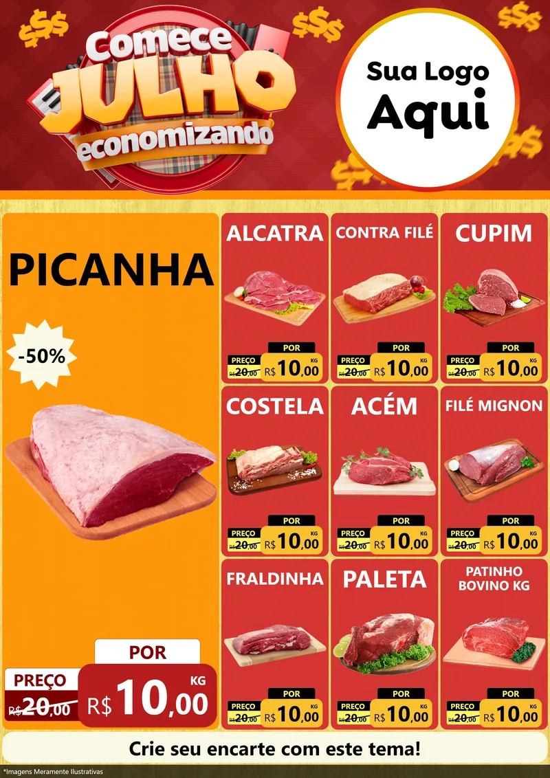 Modelo de Encarte para Encarte A4 Vertical com o tema Comece Julho Economizando para Açougue