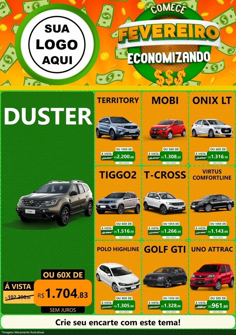 Modelo de Encarte para Encarte A4 Vertical com o tema Comece Fevereiro Economizando para Concessionaria de Carros