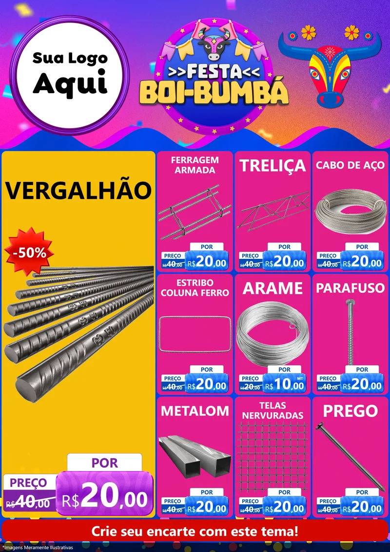 Modelo de Encarte para Encarte A4 Vertical com o tema Festa Boi-Bumbá para Ferragens