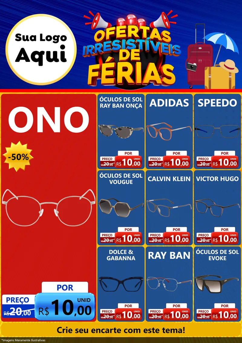 Modelo de Encarte para Encarte A4 Vertical com o tema Ofertas Irresistíveis de Férias para Óticas