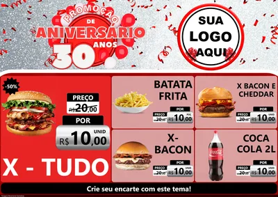 Modelo de Encarte para Encarte A4 Horizontal com o tema Promoção de Aniversário - 30 Anos para Hamburgueria