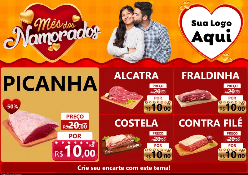 Modelo de Encarte para Encarte A4 Horizontal com o tema Mês dos Namorados para Açougue