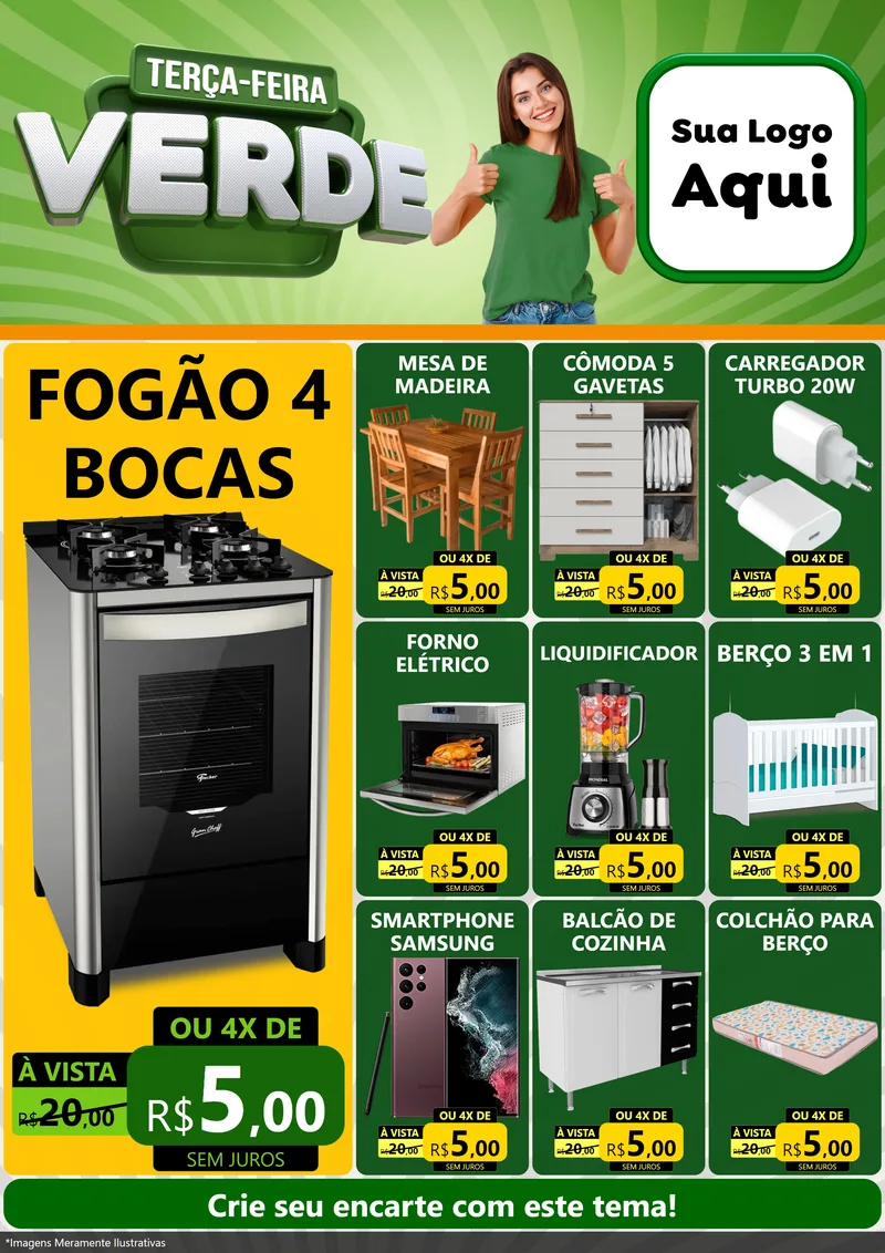 Modelo de Encarte para Encarte A4 Vertical com o tema Terça - Feira Verde para Móveis e Eletro