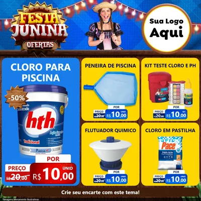Modelo de Rede Social para Feed Facebook com o tema Festa Junina Ofertas para Produtos para Piscina