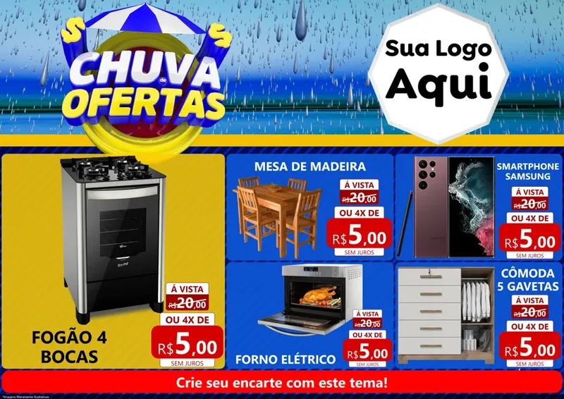 Modelo de Encarte para Encarte A4 Horizontal com o tema Chuva de Ofertas para Móveis e Eletro
