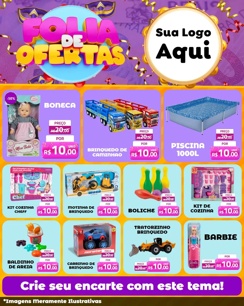 Modelo de Rede Social para Feed Instagram com o tema Folia de Ofertas para Brinquedos