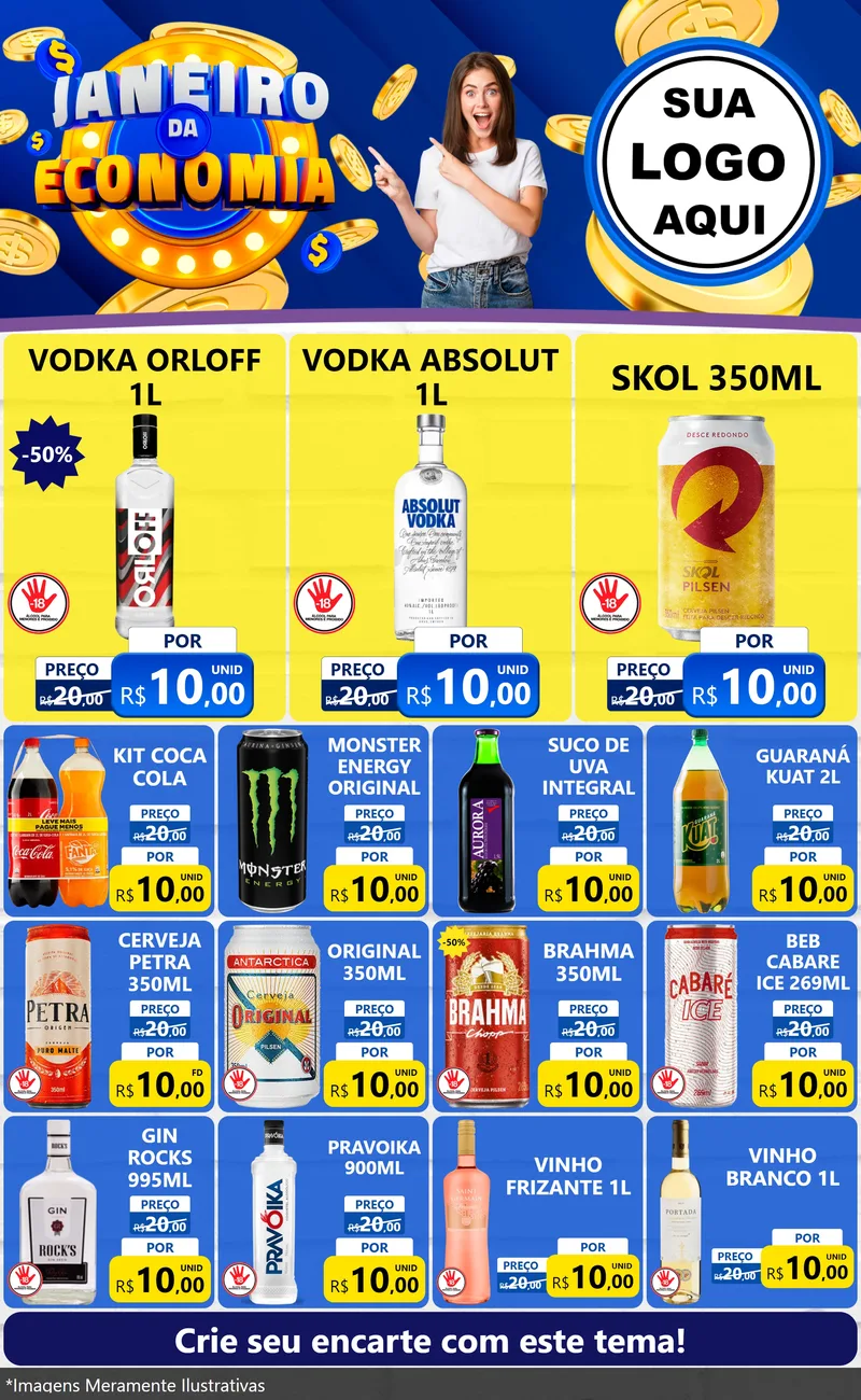 Modelo de Encarte para Encarte Grande com o tema Janeiro da Economia para Distribuidora de bebidas