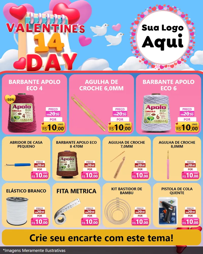Modelo de Rede Social para Feed Instagram com o tema Valentine's Day para Armarinho e Aviamentos